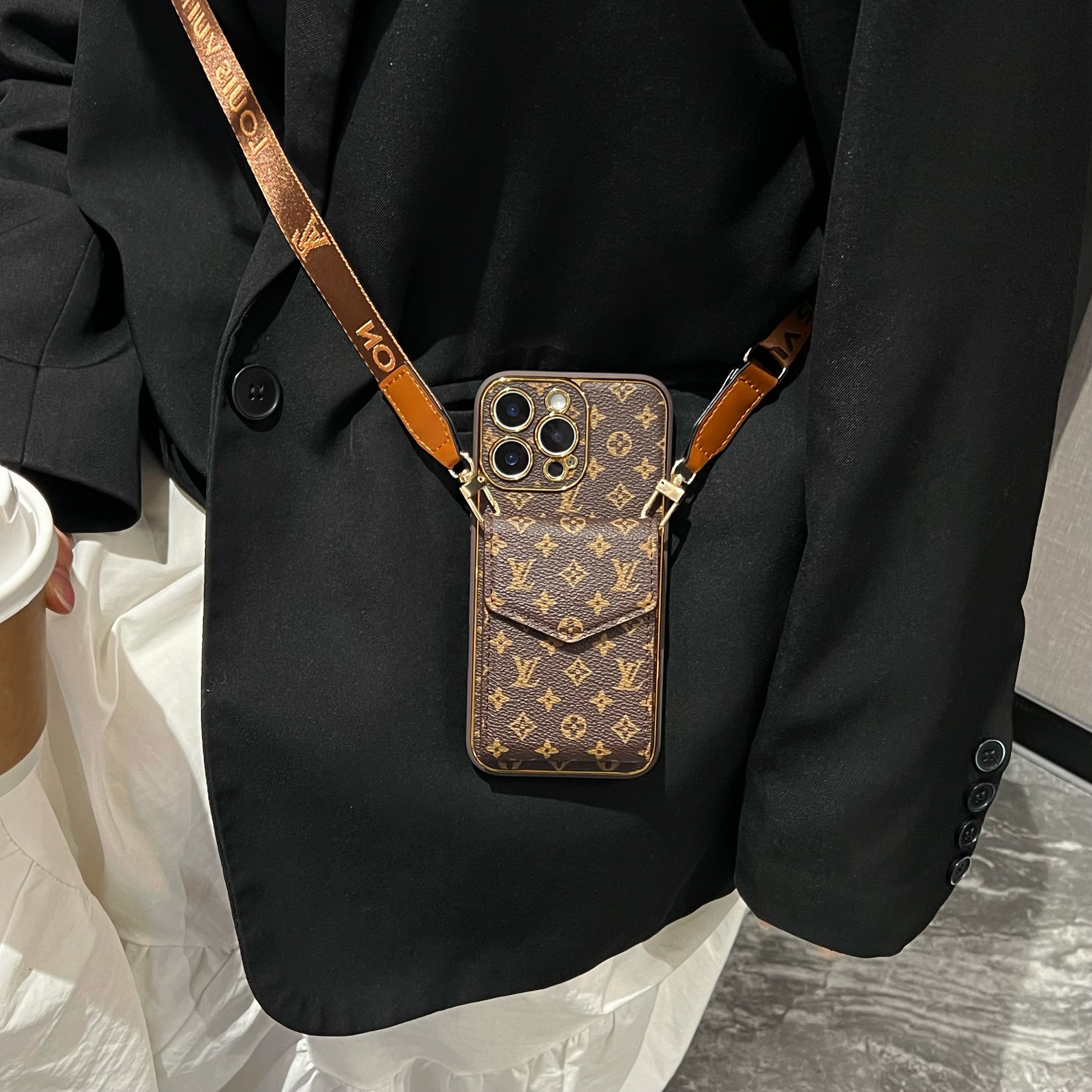 Stylish LV Print Multifunctional iPhone Crossbody Case - with Chain Strap, Stand & Card Slots