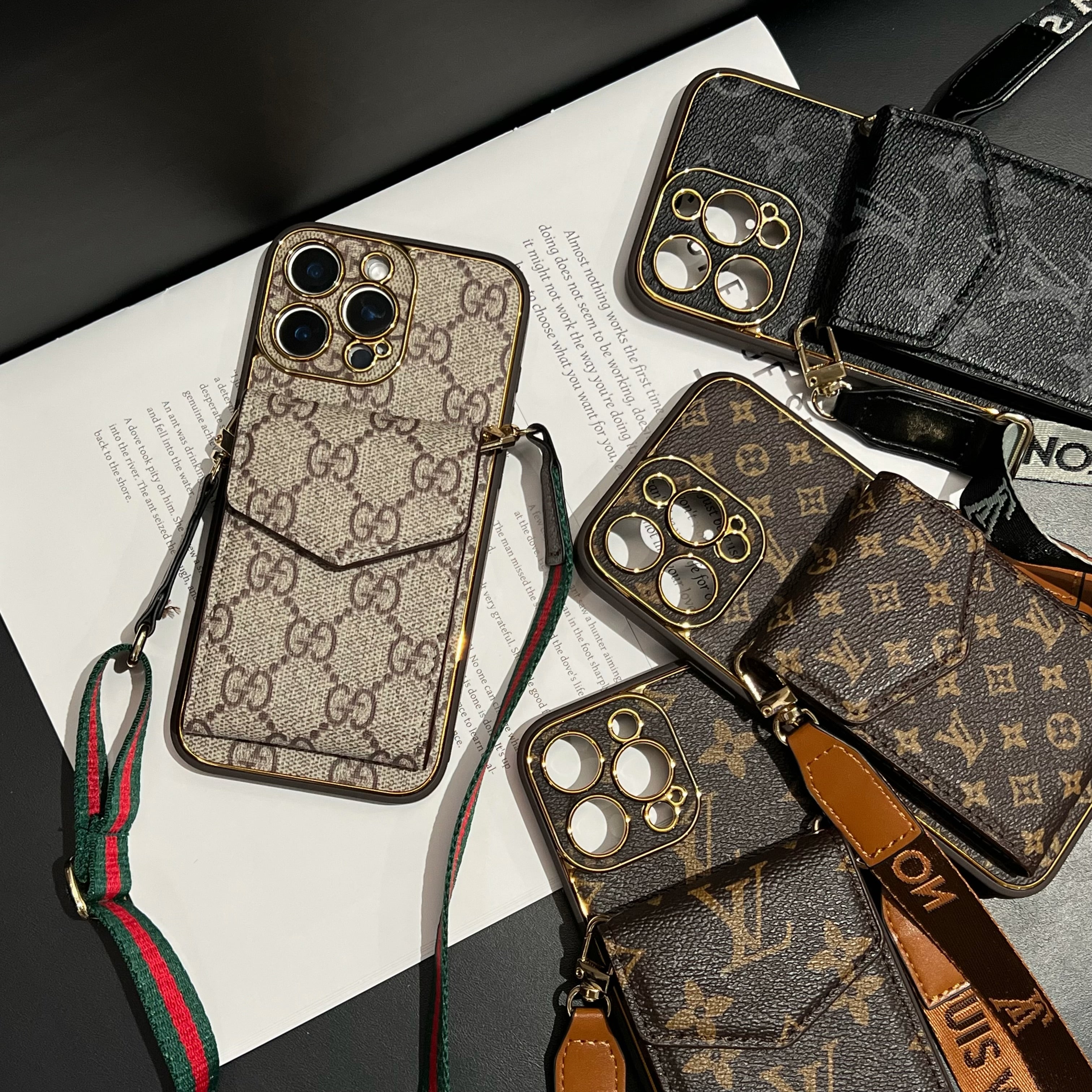 Stylish LV Print Multifunctional iPhone Crossbody Case - with Chain Strap, Stand & Card Slots