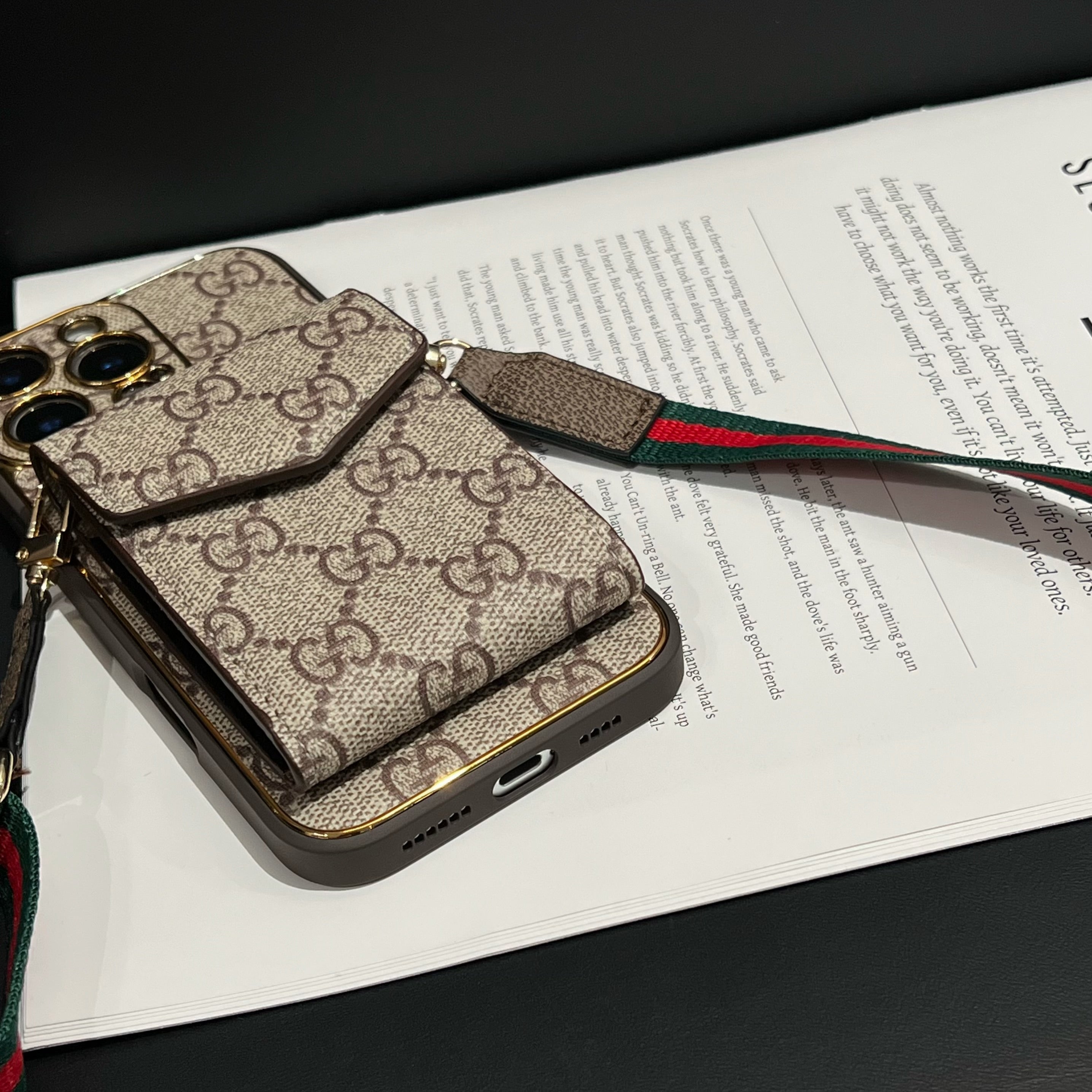 Stylish LV Print Multifunctional iPhone Crossbody Case - with Chain Strap, Stand & Card Slots