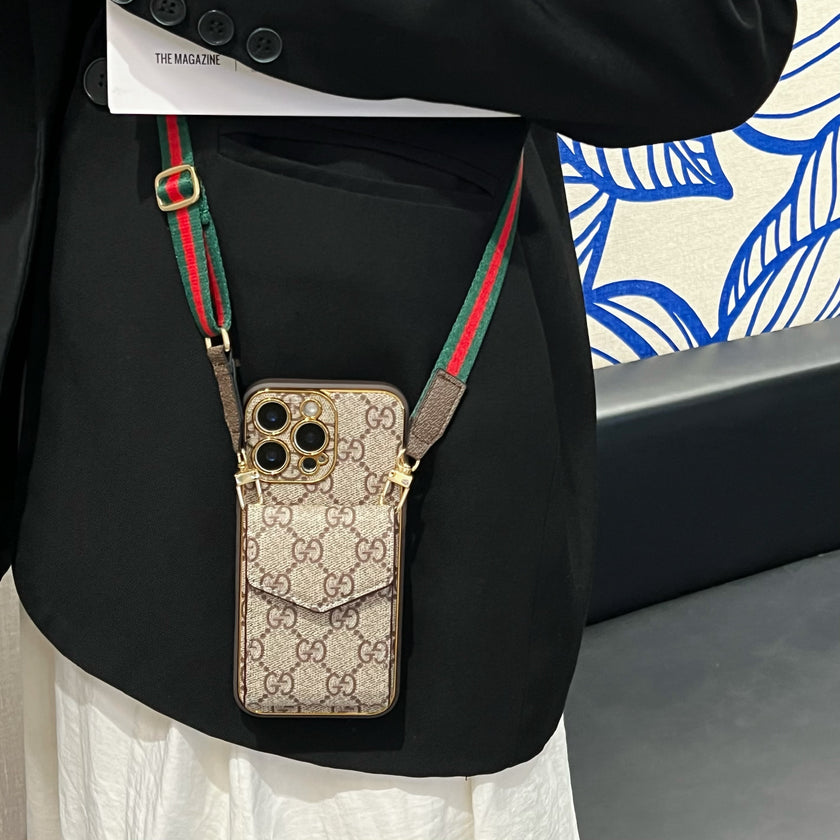Stylish LV Print Multifunctional iPhone Crossbody Case - with Chain Strap, Stand & Card Slots