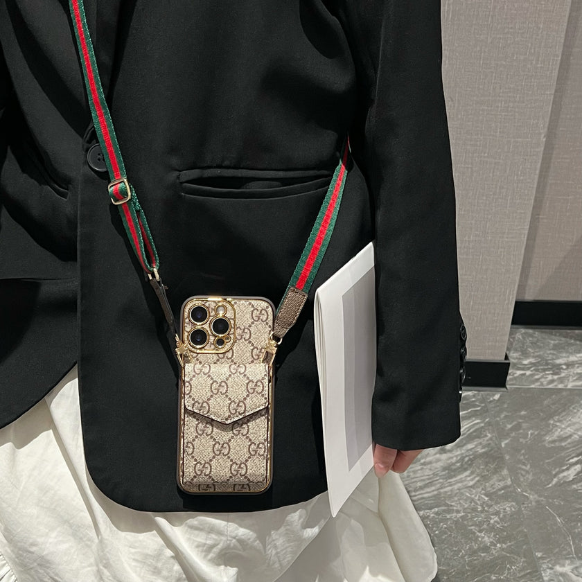 Stylish LV Print Multifunctional iPhone Crossbody Case - with Chain Strap, Stand & Card Slots