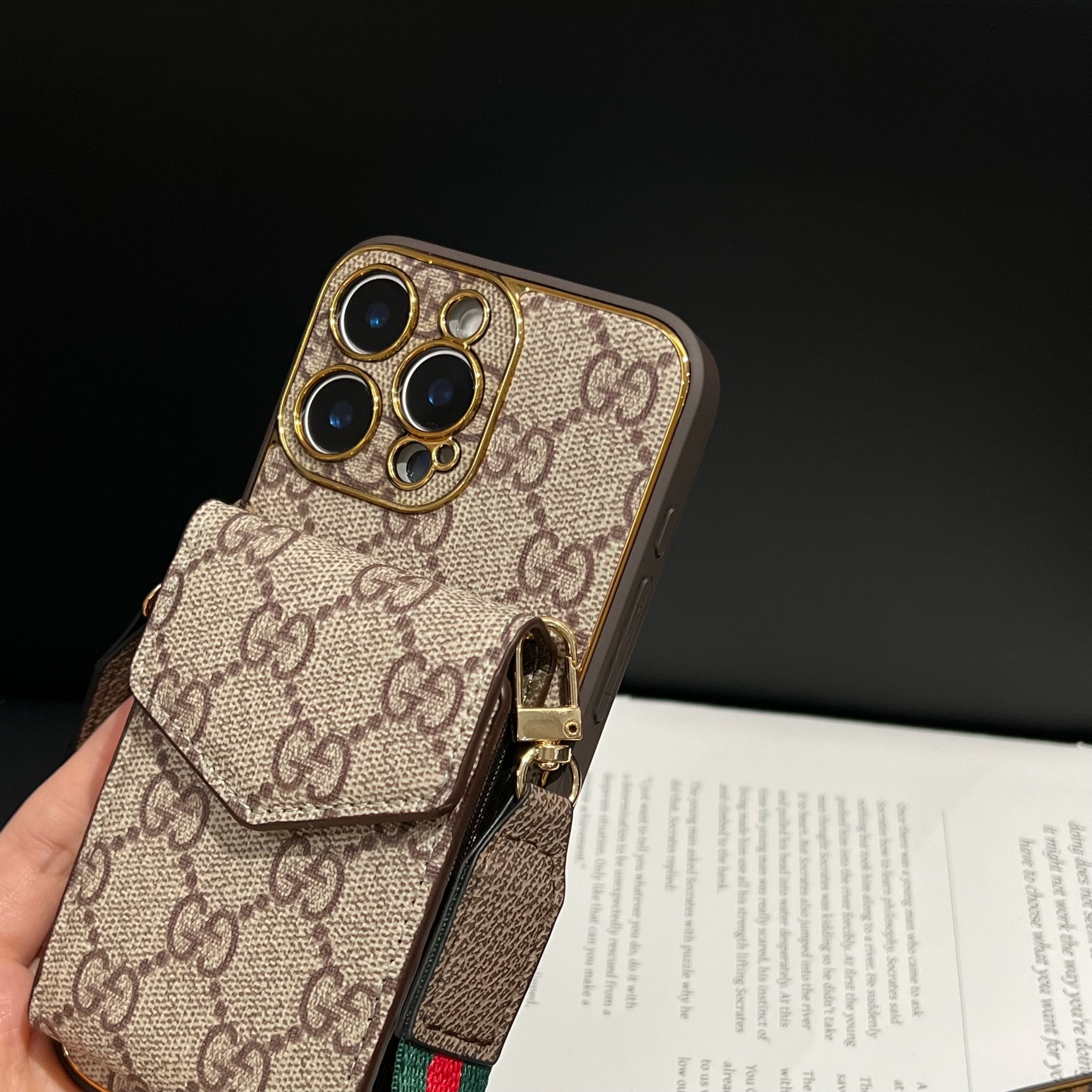 Stylish LV Print Multifunctional iPhone Crossbody Case - with Chain Strap, Stand & Card Slots