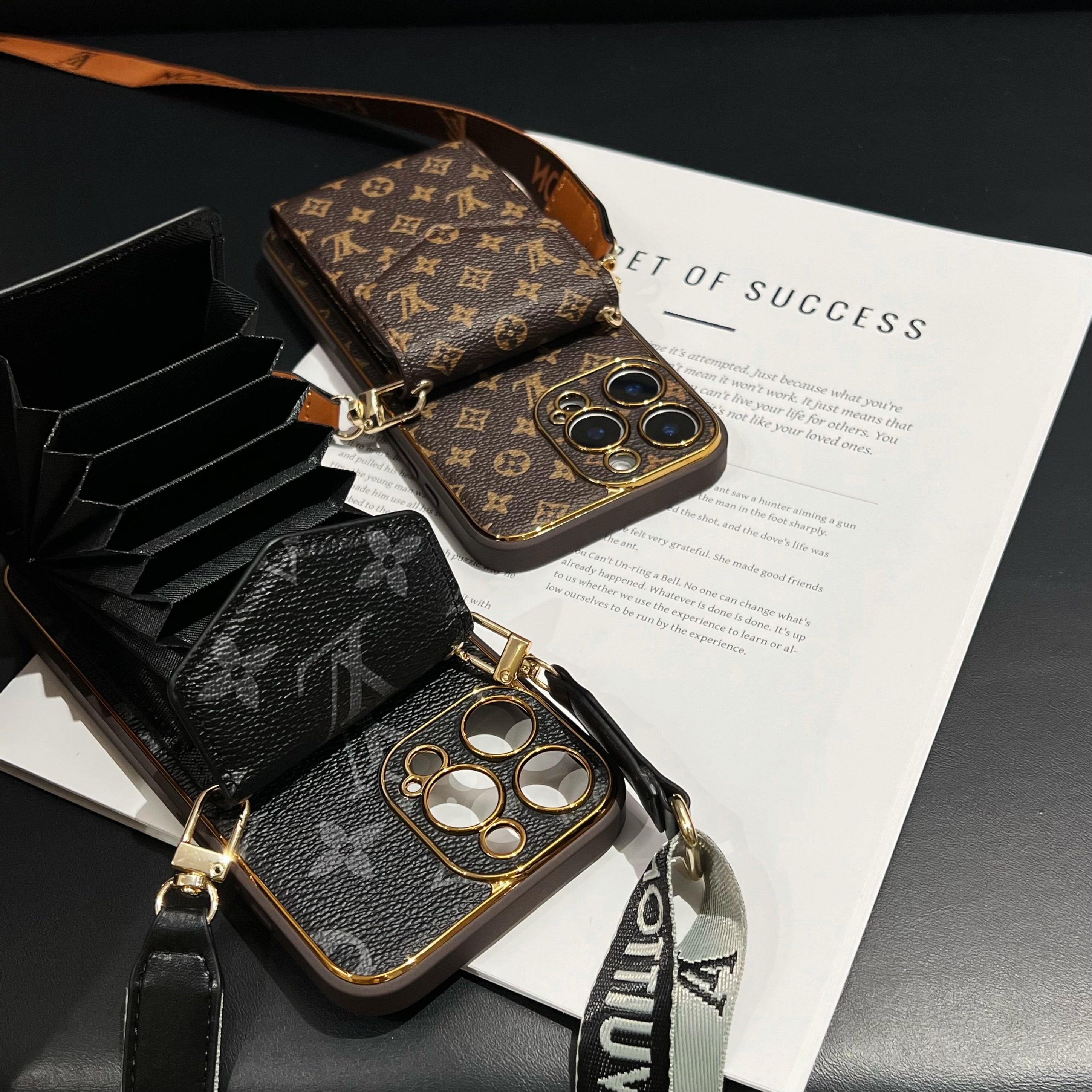 Stylish LV Print Multifunctional iPhone Crossbody Case - with Chain Strap, Stand & Card Slots