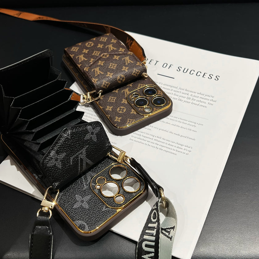 Stylish LV Print Multifunctional iPhone Crossbody Case - with Chain Strap, Stand & Card Slots