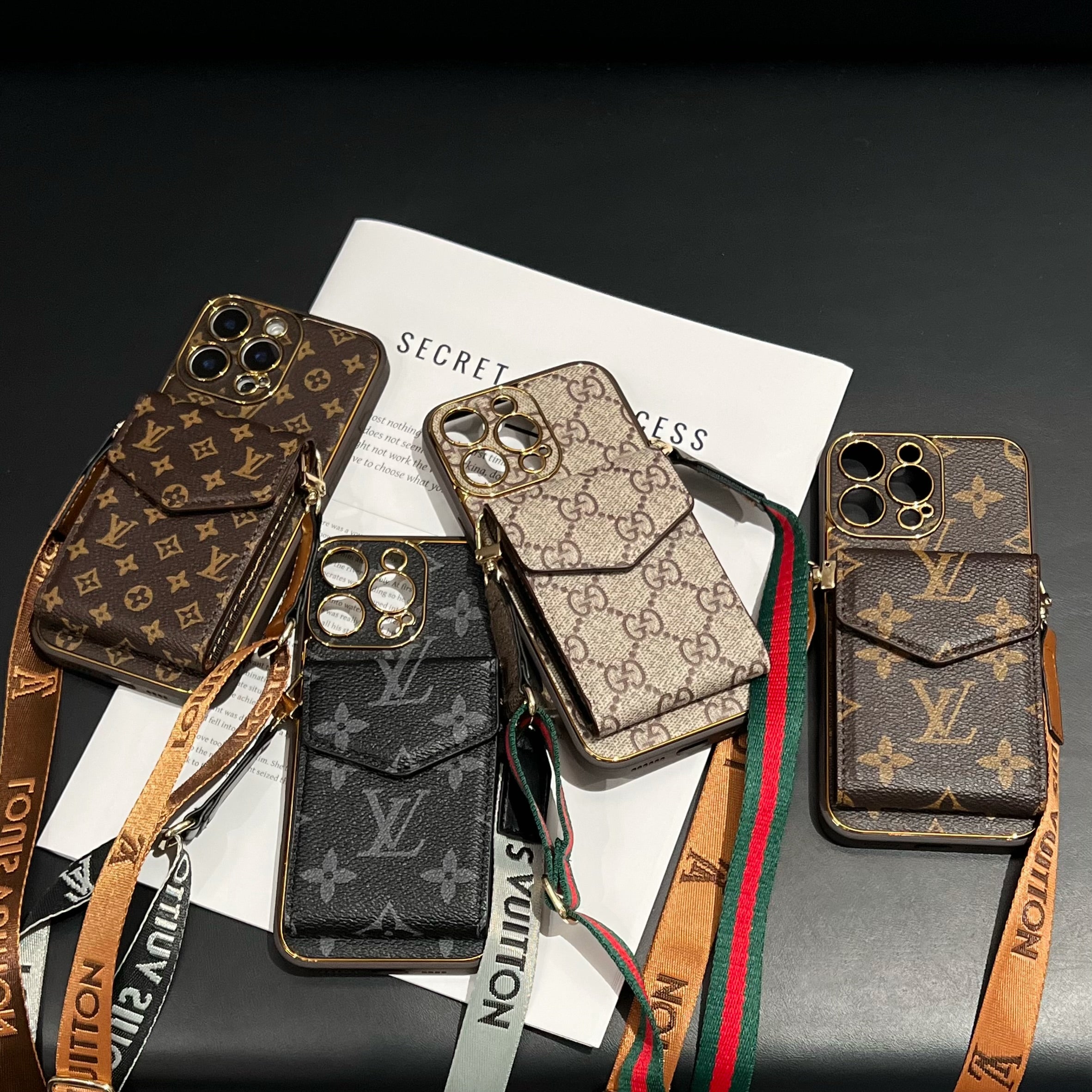 Stylish LV Print Multifunctional iPhone Crossbody Case - with Chain Strap, Stand & Card Slots