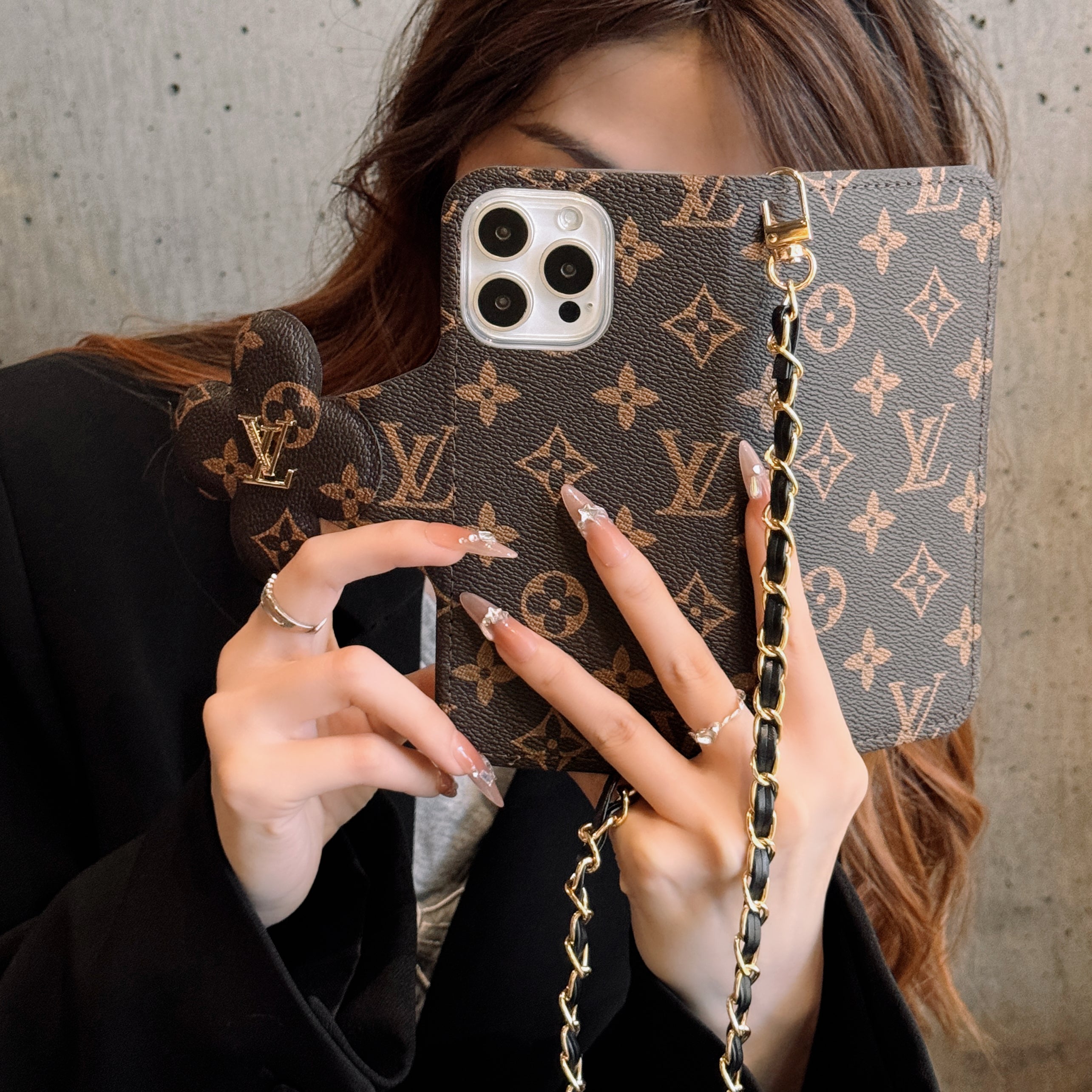 Stylish LV Print Multifunctional iPhone Crossbody Case - with Chain Strap, Stand & Card Slots