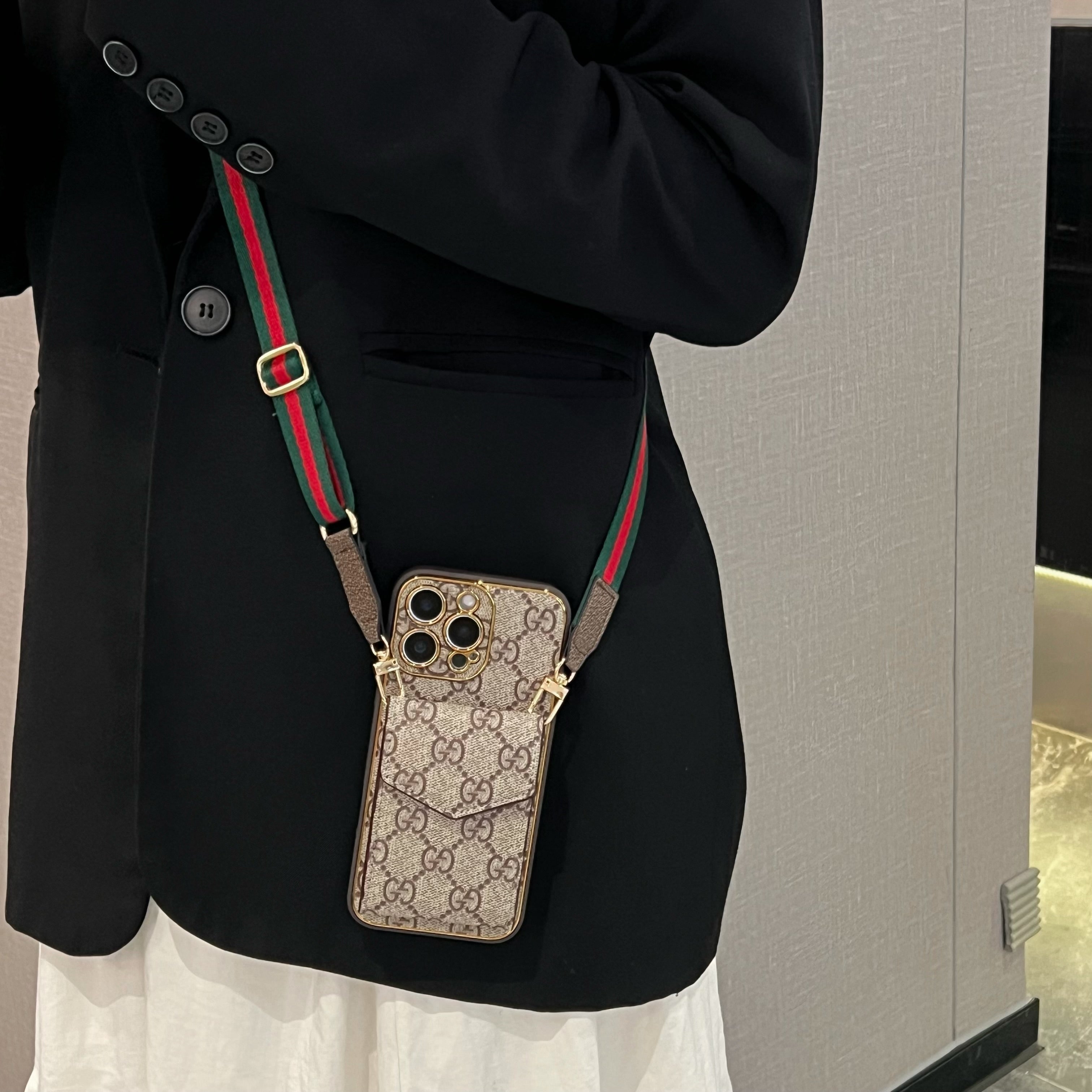 Stylish LV Print Multifunctional iPhone Crossbody Case - with Chain Strap, Stand & Card Slots