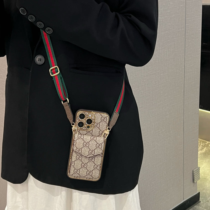 Stylish LV Print Multifunctional iPhone Crossbody Case - with Chain Strap, Stand & Card Slots