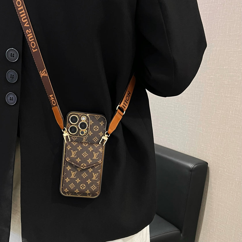 Stylish LV Print Multifunctional iPhone Crossbody Case - with Chain Strap, Stand & Card Slots