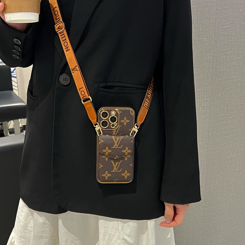 Stylish LV Print Multifunctional iPhone Crossbody Case - with Chain Strap, Stand & Card Slots