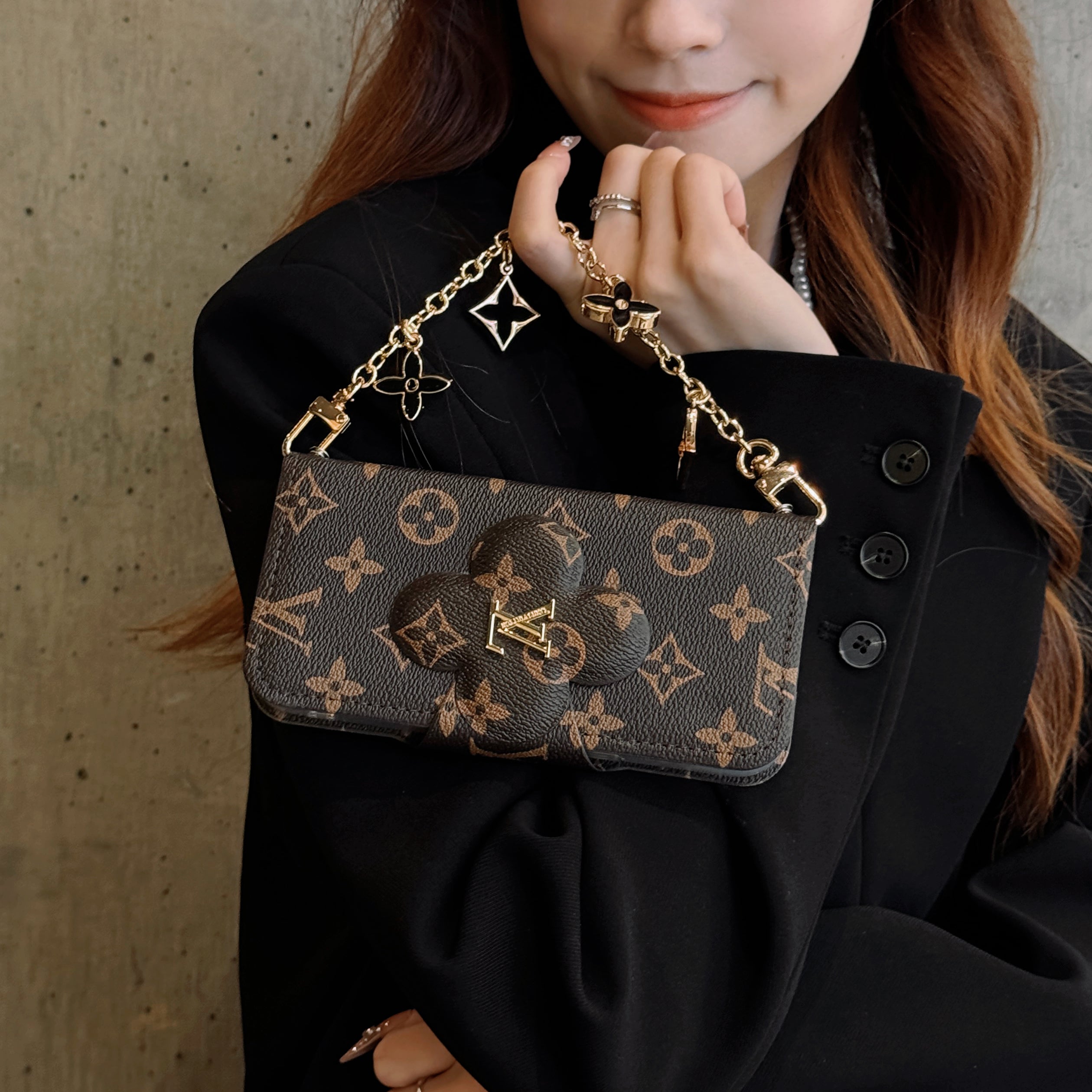 Stylish LV Print Multifunctional iPhone Crossbody Case - with Chain Strap, Stand & Card Slots