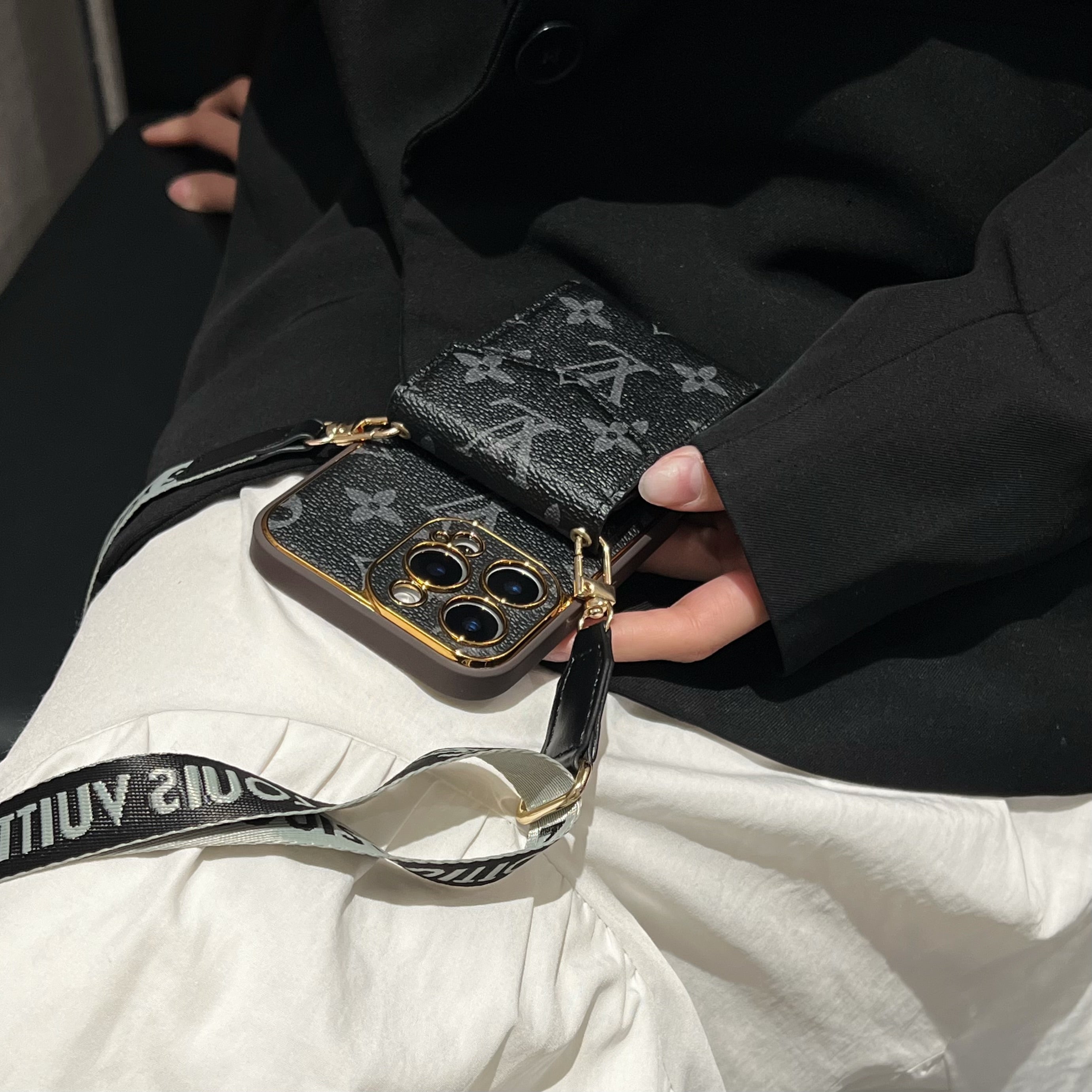 Stylish LV Print Multifunctional iPhone Crossbody Case - with Chain Strap, Stand & Card Slots