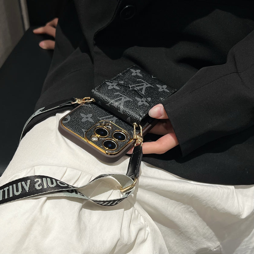 Stylish LV Print Multifunctional iPhone Crossbody Case - with Chain Strap, Stand & Card Slots