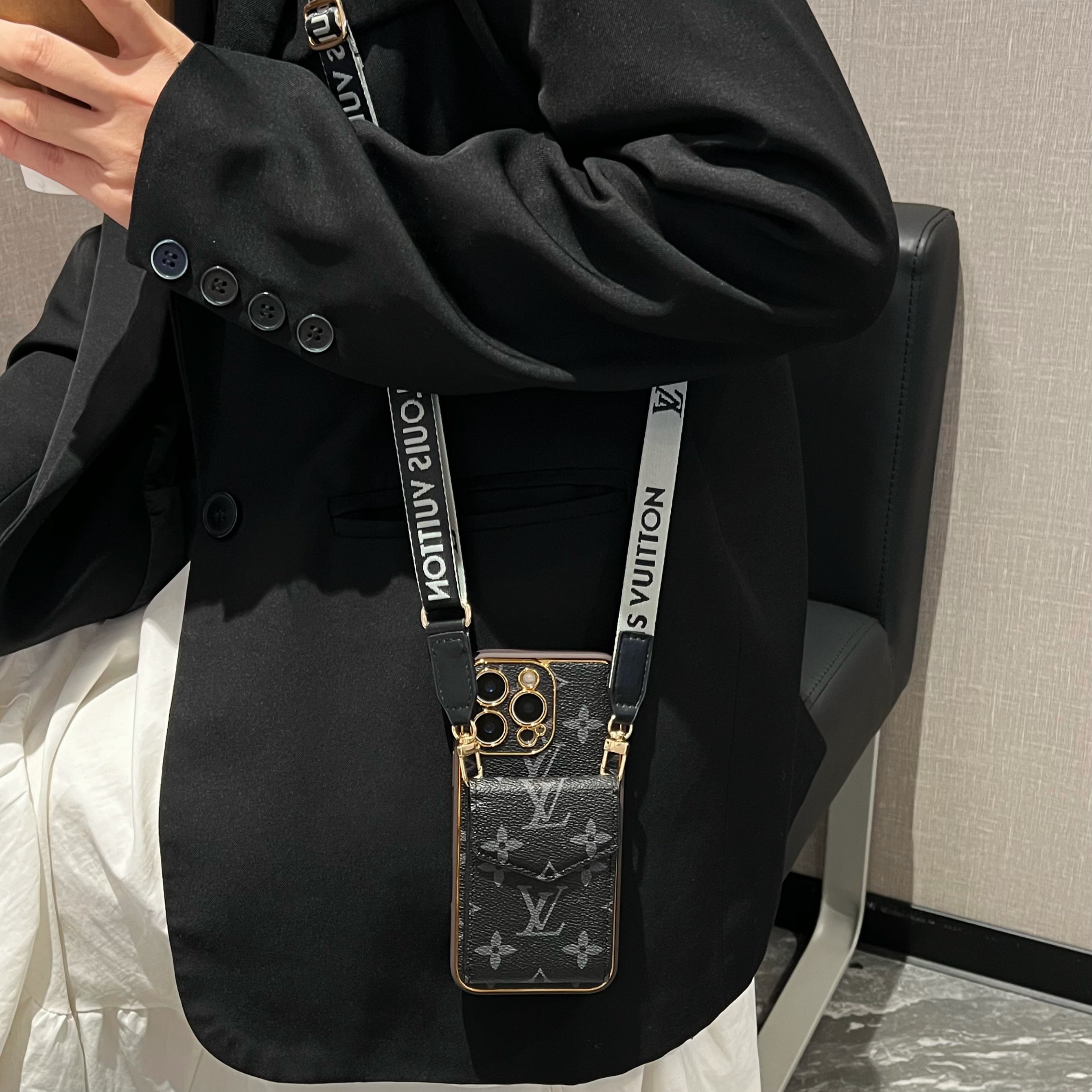 Stylish LV Print Multifunctional iPhone Crossbody Case - with Chain Strap, Stand & Card Slots