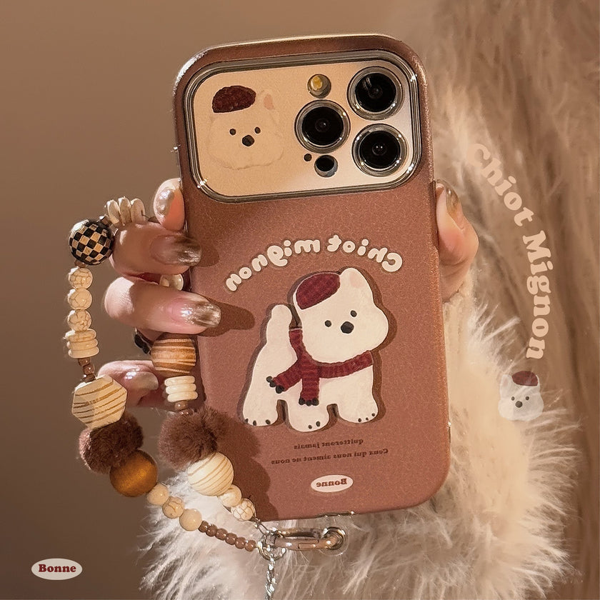 Brown three-dimensional West Highland suitable for Apple 15promax mobile phone case iphone16 leather cartoon 17 lanyard 14