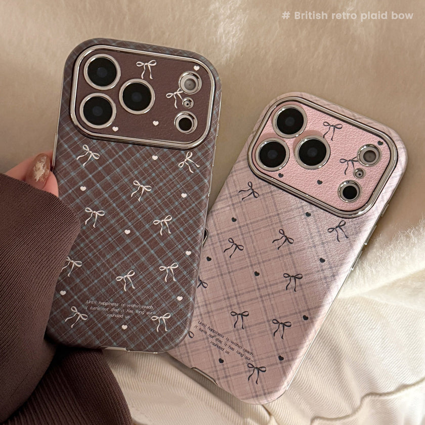 Applicable to Apple 17promax mobile phone case iphone16 leather plaid bow 15 retro 13 soft 12 all-inclusive