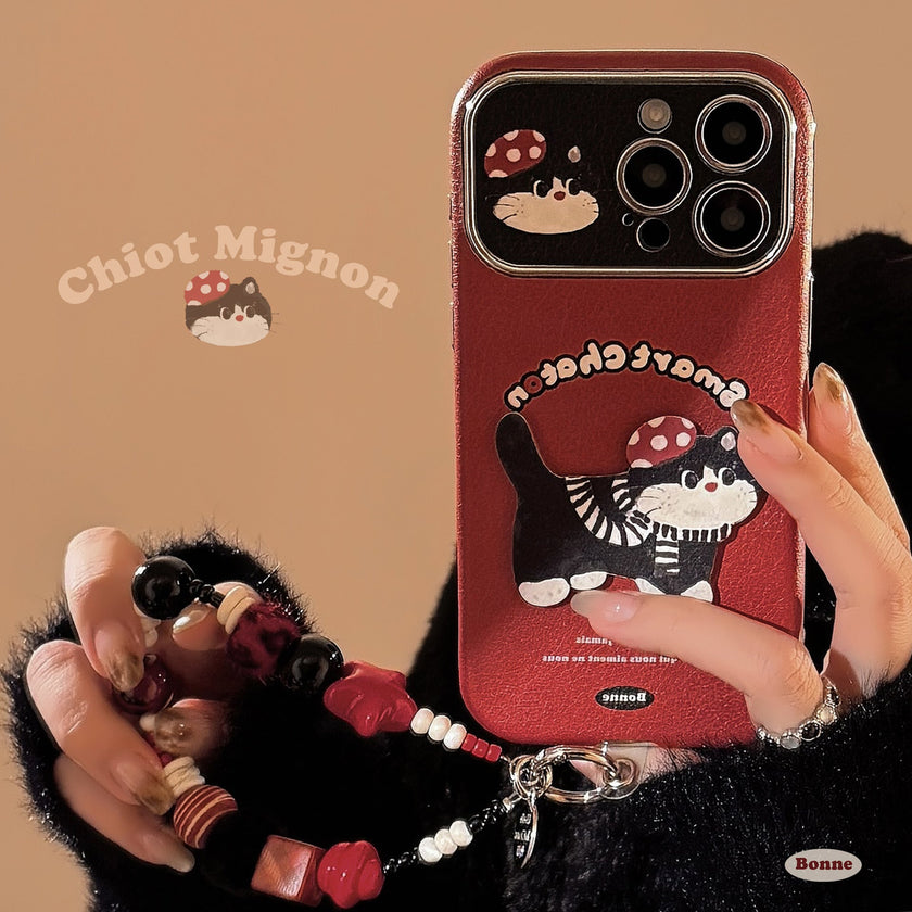 ins red cartoon cat suitable for 16pro max iPhone case iphone15 leather cartoon 17 lanyard