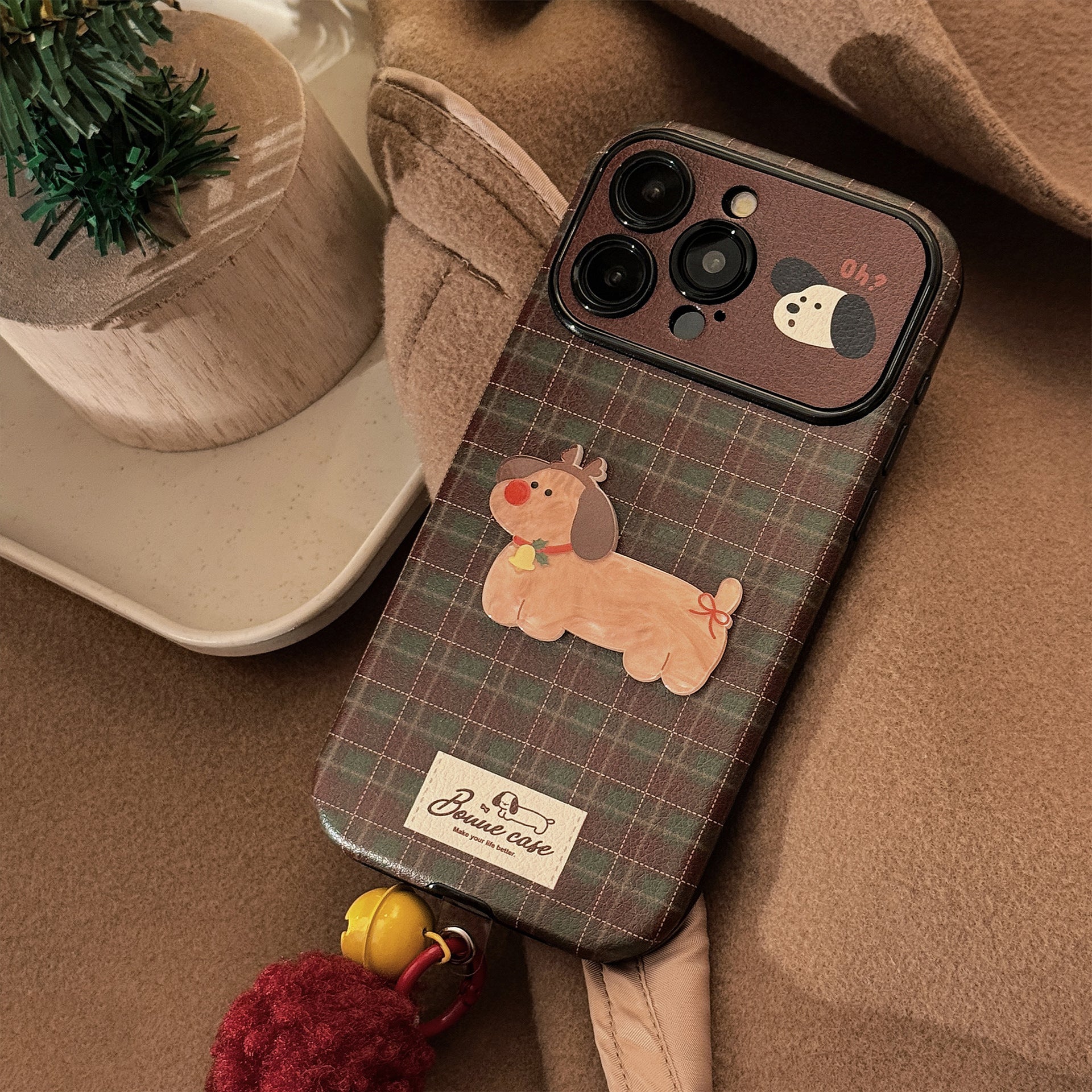 Vintage plaid for iPhone 16 mobile phone case iphone15 Christmas puppy 14promax leather 17 plush rope