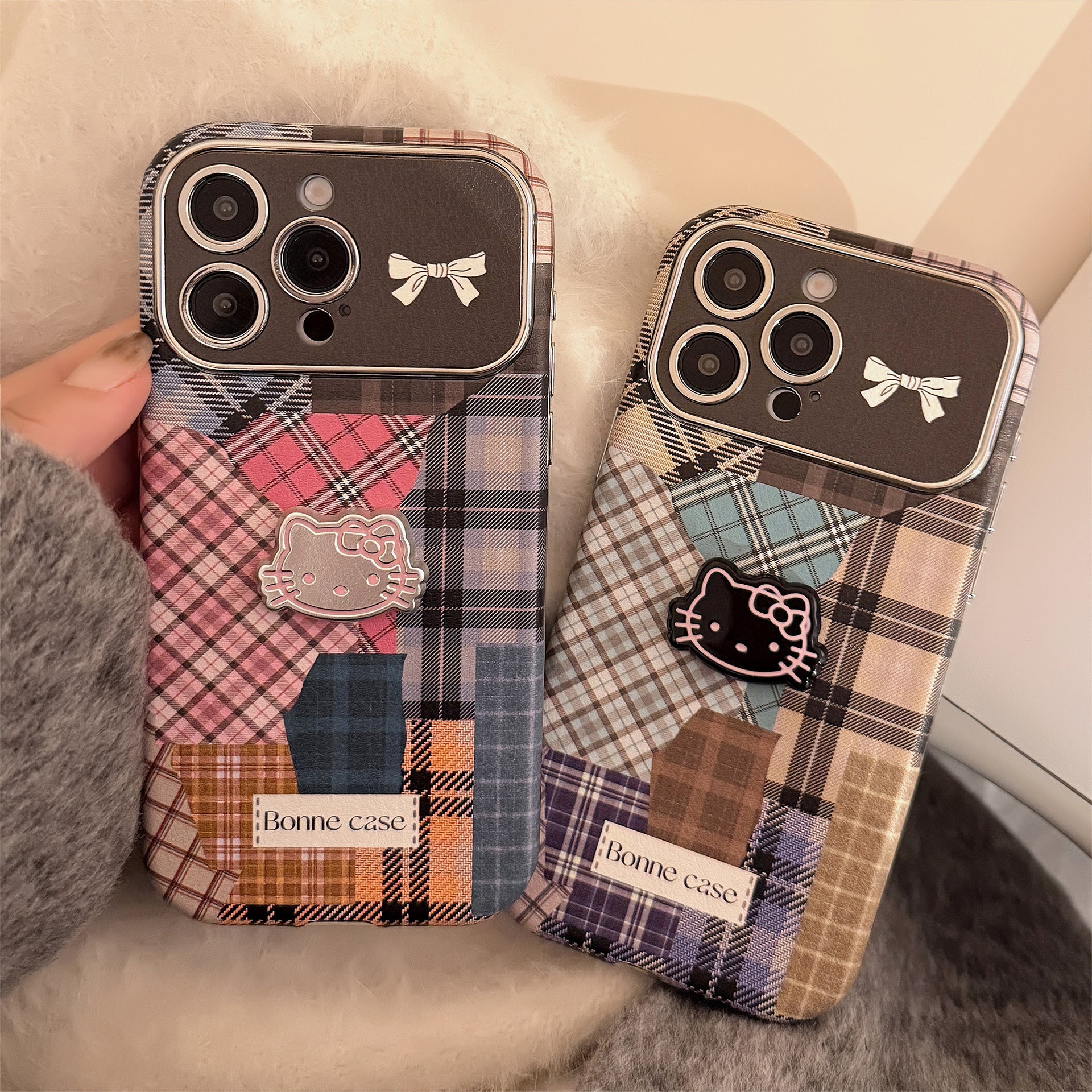 Retro plaid splicing cat 14 for 15promax mobile phone case Apple iphone16 three-dimensional 17 leather 13
