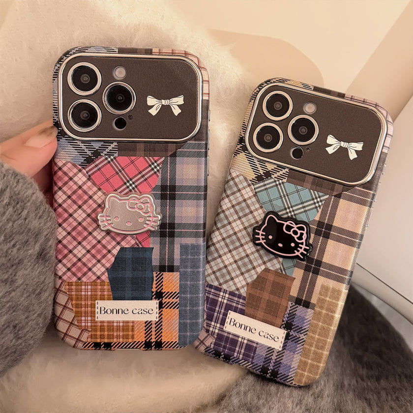 Retro plaid splicing cat 14 for 15promax mobile phone case Apple iphone16 three-dimensional 17 leather 13