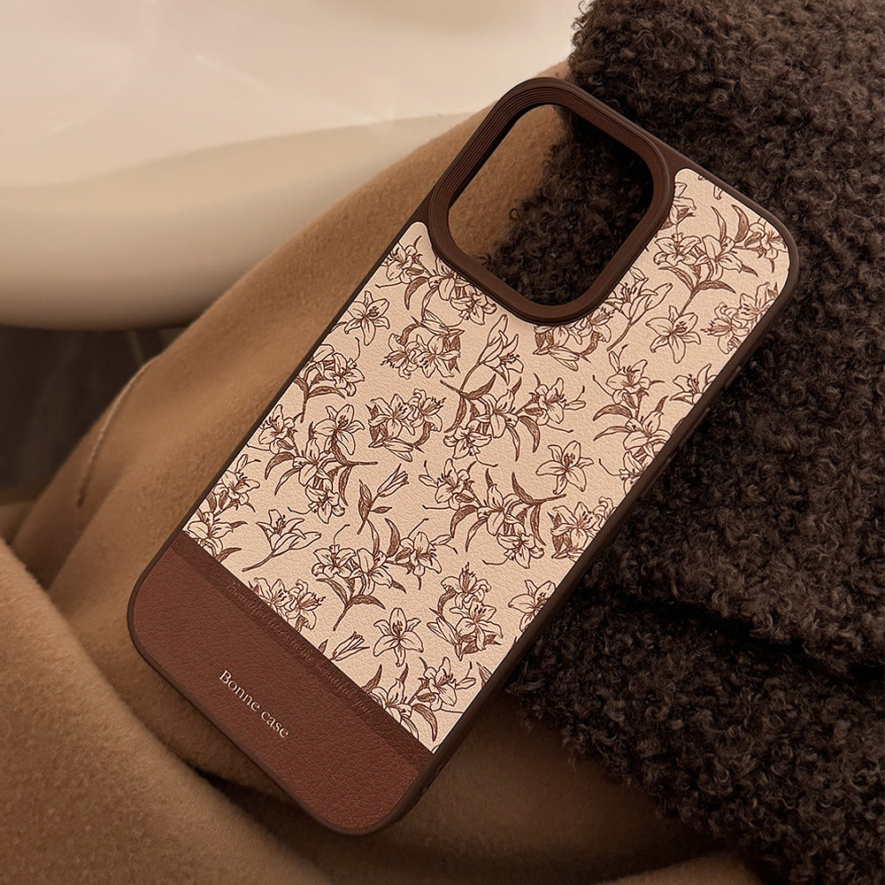 Ins Sketch Flower iPhone 16 Case 17Pro Max Leather 15 For iPhone13 Retro 11 Hard Case