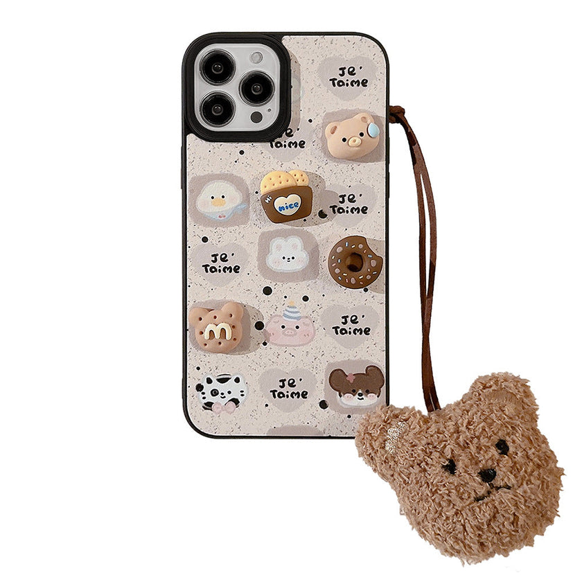 Cute bear Apple 16 mobile phone case 17promax leather pattern 15 suitable for iPhone13 three-dimensional biscuits 11 autumn