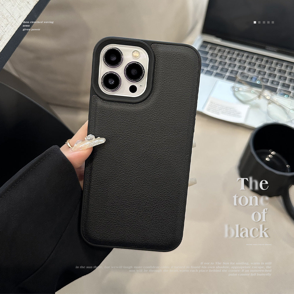 Simple black lychee pattern is suitable for Apple 16 mobile phone case iPhone17promax personality 11 leather pattern 13 advanced