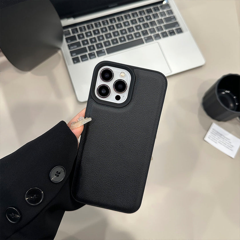 Simple black lychee pattern is suitable for Apple 16 mobile phone case iPhone17promax personality 11 leather pattern 13 advanced