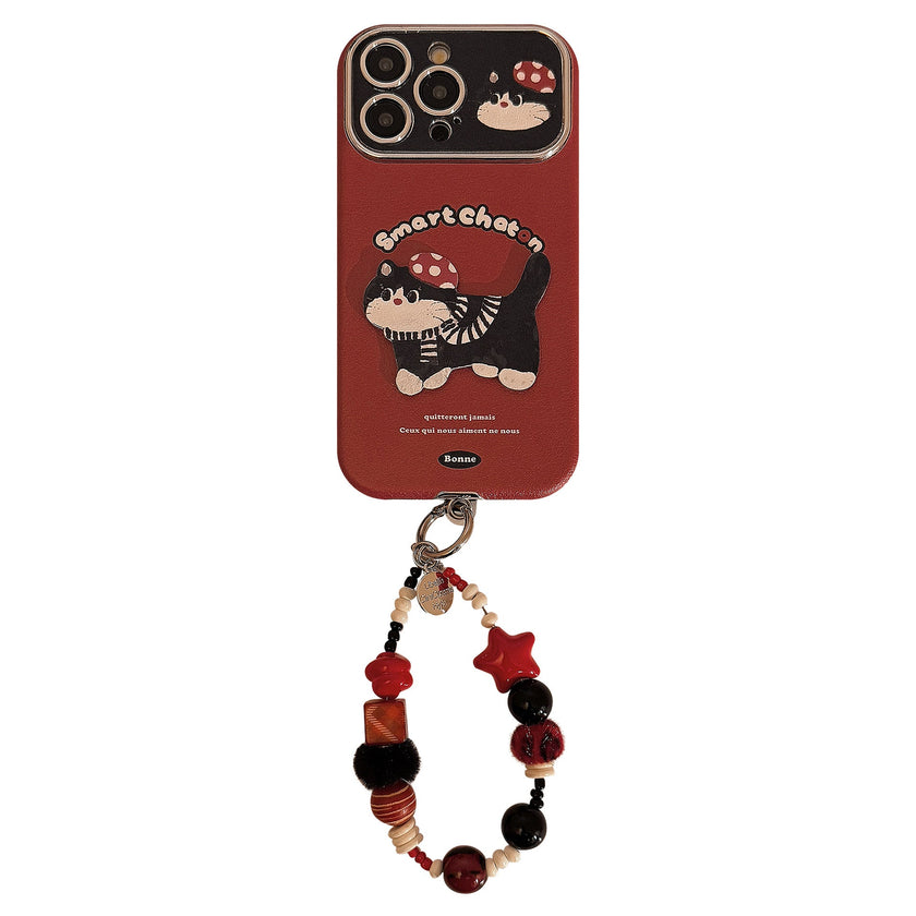 ins red cartoon cat suitable for 16pro max iPhone case iphone15 leather cartoon 17 lanyard