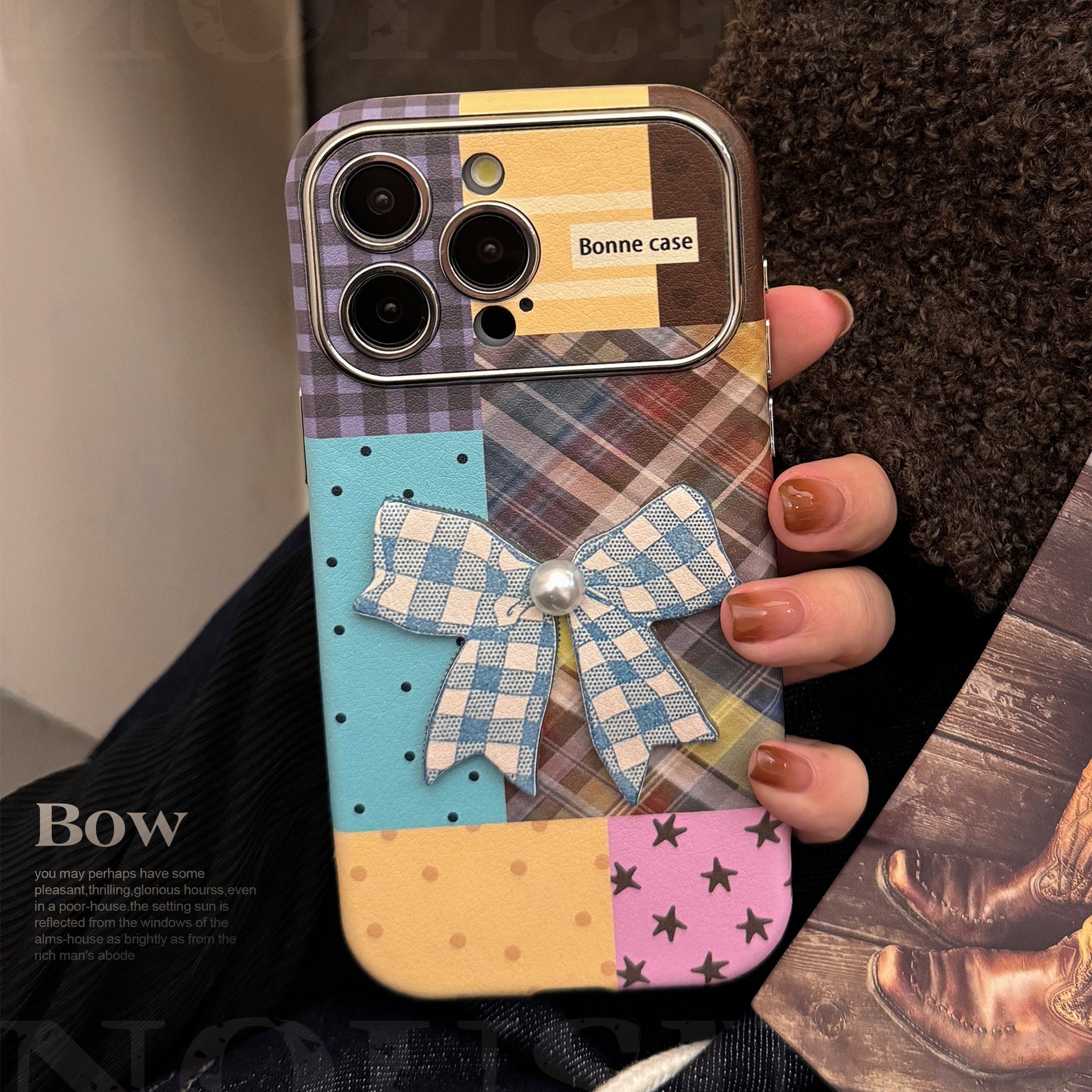 Applicable to iphone16 iPhone case 17promax color plaid splicing 15 three-dimensional bow 13 leather
