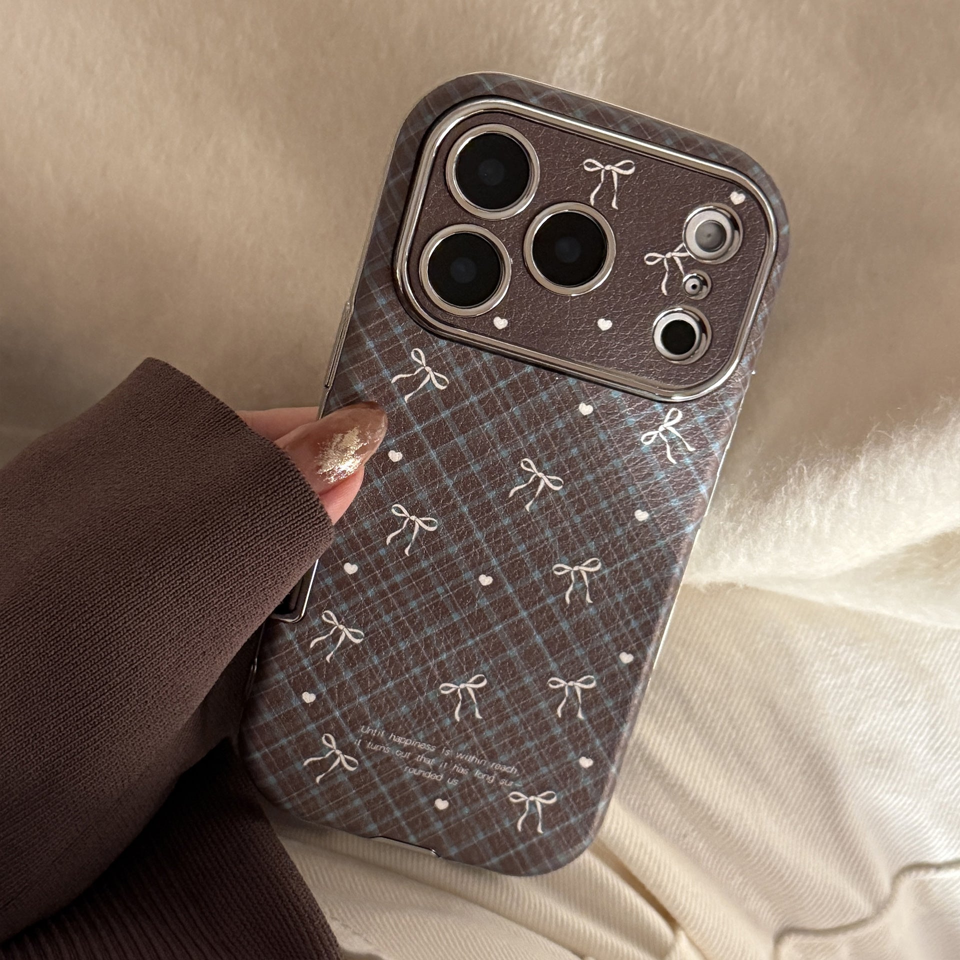 Applicable to Apple 17promax mobile phone case iphone16 leather plaid bow 15 retro 13 soft 12 all-inclusive