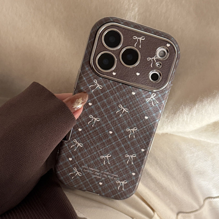 Applicable to Apple 17promax mobile phone case iphone16 leather plaid bow 15 retro 13 soft 12 all-inclusive
