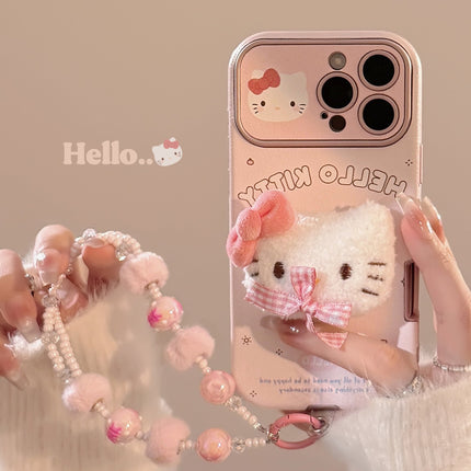Cute pink bow cat for iphone16promax mobile phone case Apple 15 three-dimensional leather 14 bracelet 17