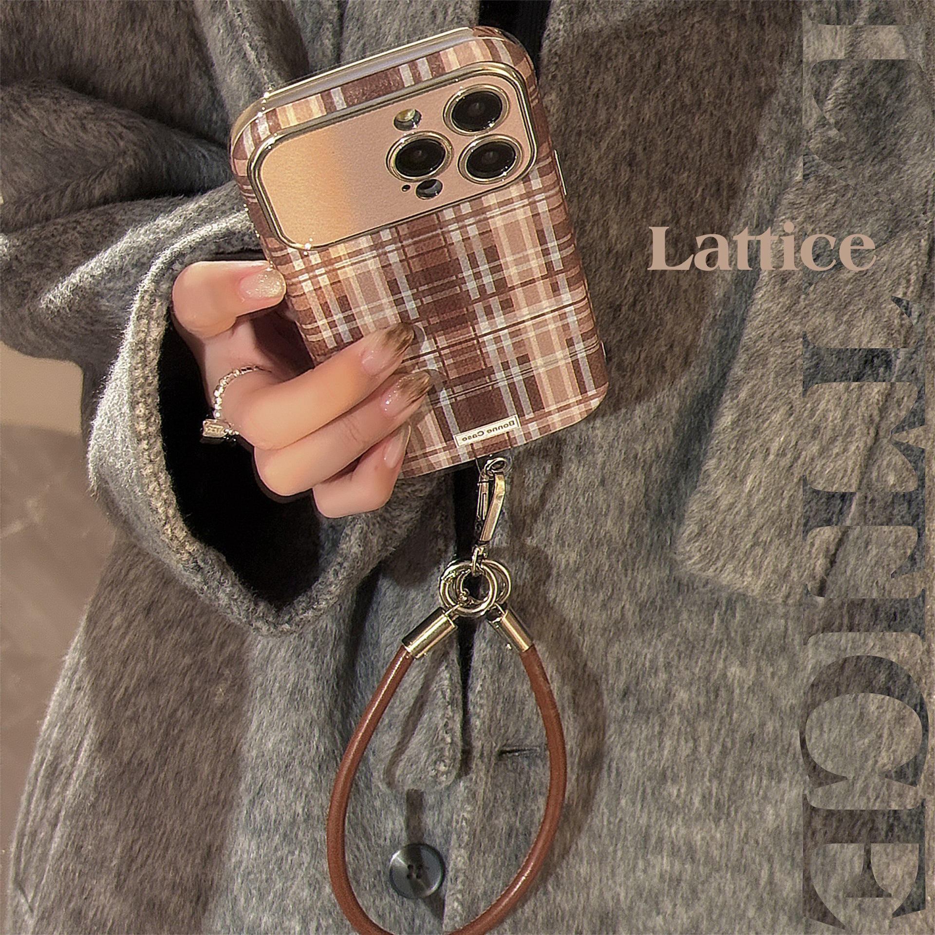 Brown plaid for iphone16promax mobile phone case Apple 15/14 anti-drop 13 lanyard 16 advanced 17