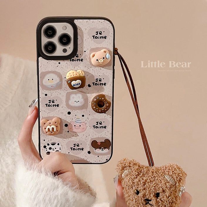 Cute bear Apple 16 mobile phone case 17promax leather pattern 15 suitable for iPhone13 three-dimensional biscuits 11 autumn