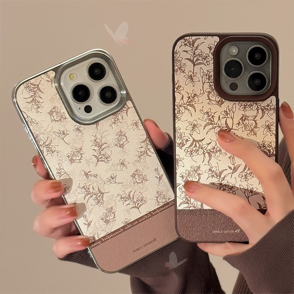 Ins Sketch Flower iPhone 16 Case 17Pro Max Leather 15 For iPhone13 Retro 11 Hard Case
