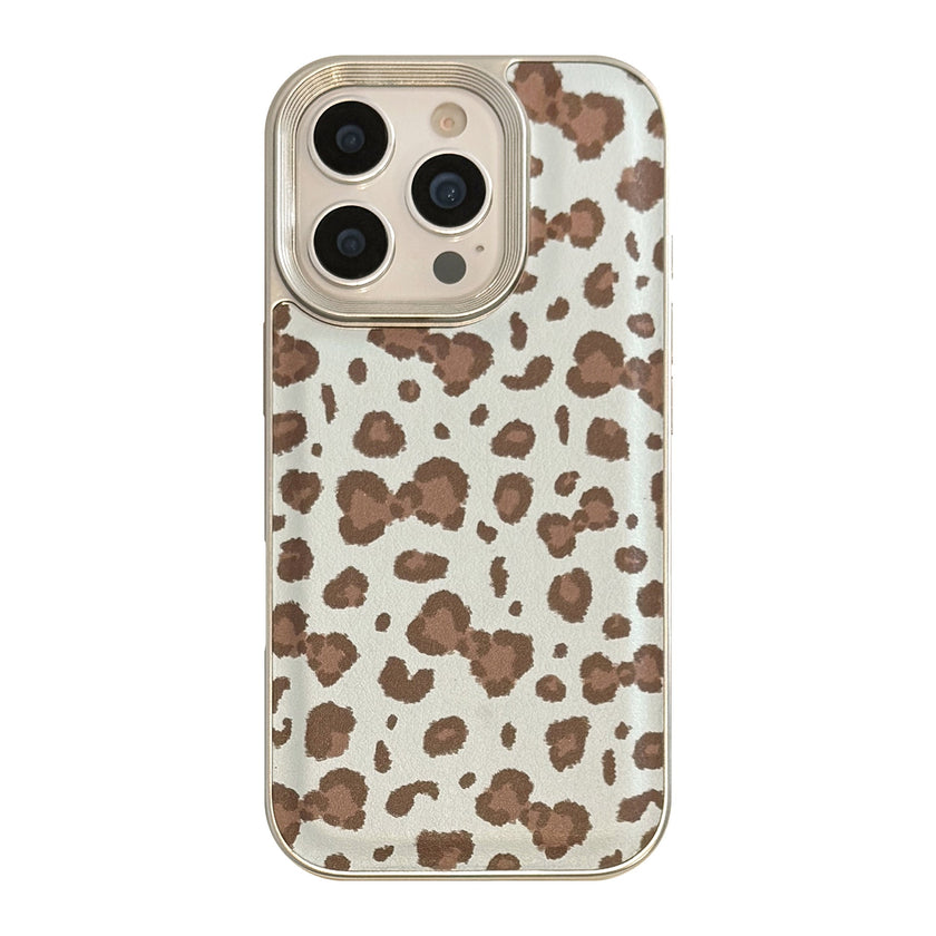 Vintage leopard print bow iPhone 17 case 16promax leather 15 for iPhone13 silver edge 11 hard