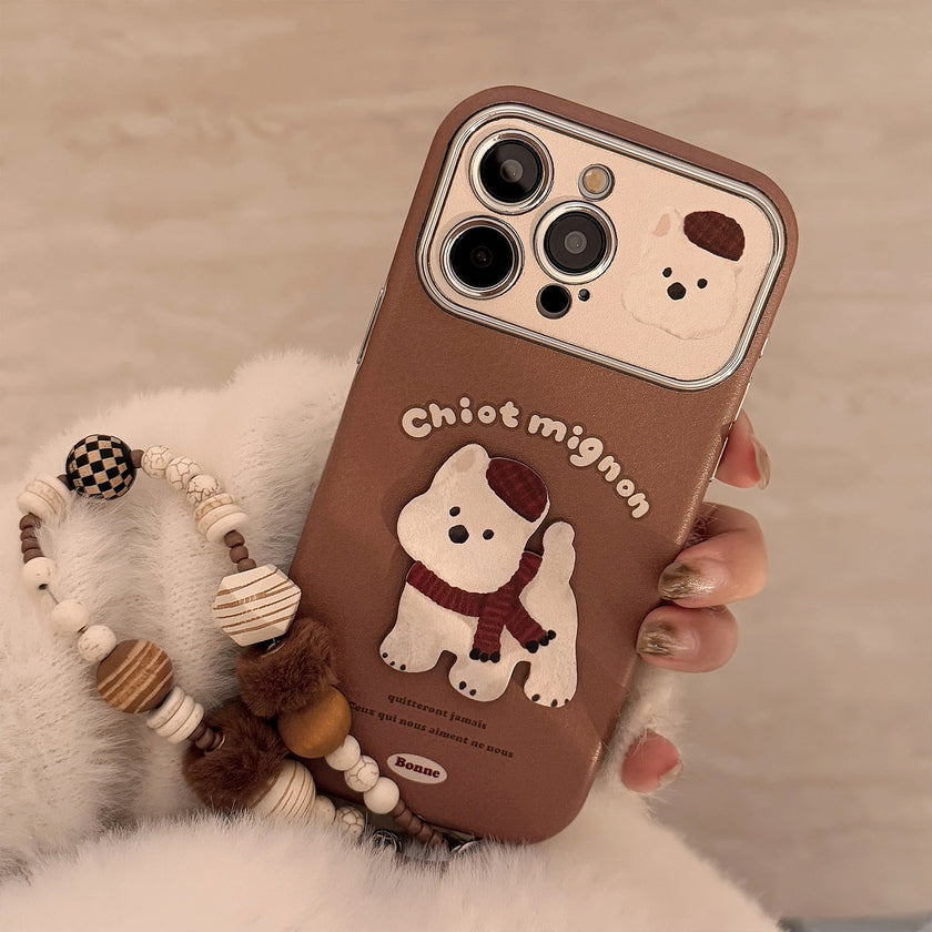 Brown three-dimensional West Highland suitable for Apple 15promax mobile phone case iphone16 leather cartoon 17 lanyard 14