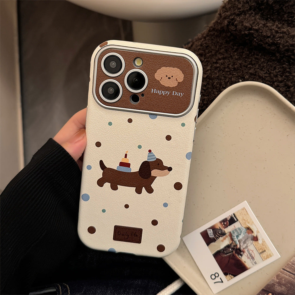 ins dachshund leather for iphone16pro max mobile phone case 15 apple 17 retro hand strap 14 soft cover