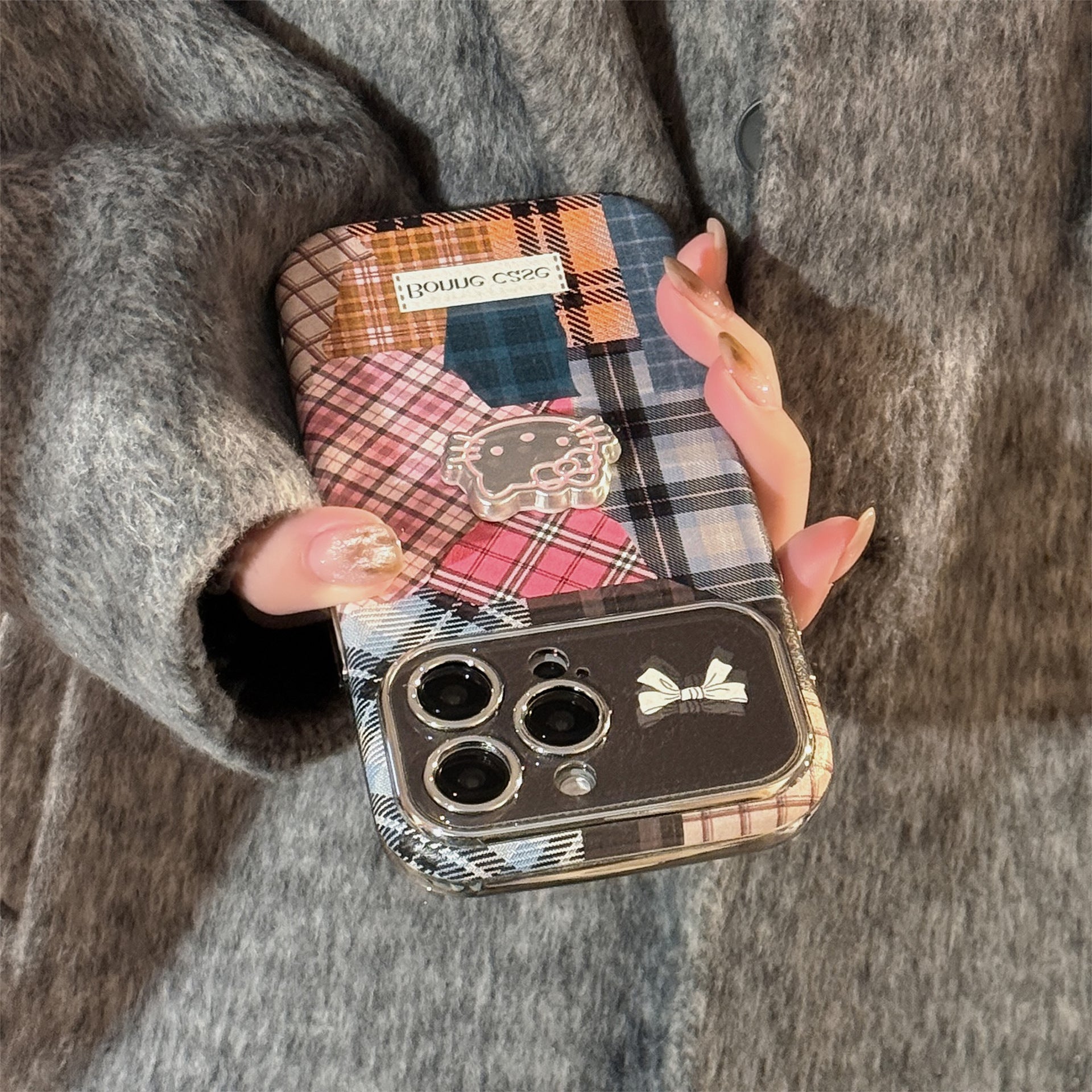 Retro plaid splicing cat 14 for 15promax mobile phone case Apple iphone16 three-dimensional 17 leather 13