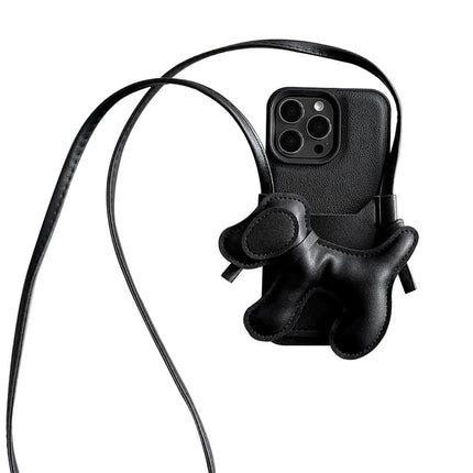 Black DIY puppy oblique span card bag for iPhone 16 mobile phone case iPhone17Pro max Internet celebrity 13 leather 15