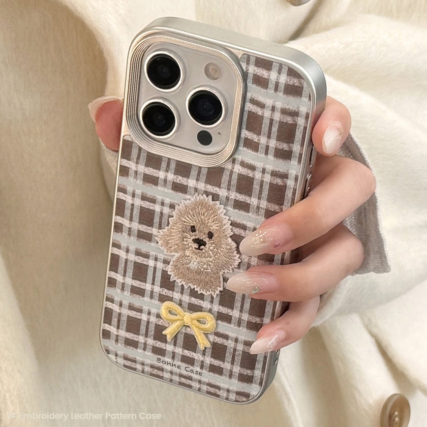 Plaid embroidery puppy apple 16 mobile phone case 17promax for iPhone15 retro leather 11 anti-drop 14
