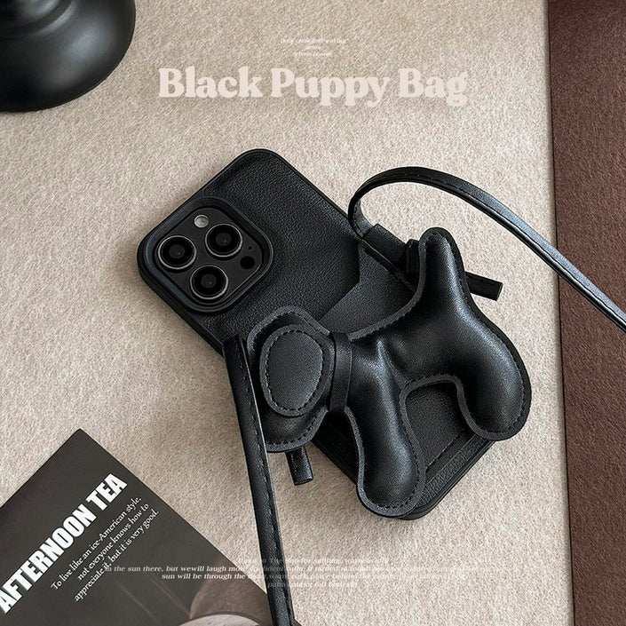 Black DIY puppy oblique span card bag for iPhone 16 mobile phone case iPhone17Pro max Internet celebrity 13 leather 15