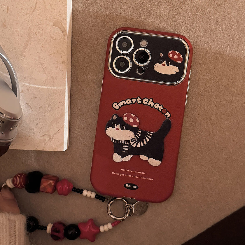 ins red cartoon cat suitable for 16pro max iPhone case iphone15 leather cartoon 17 lanyard