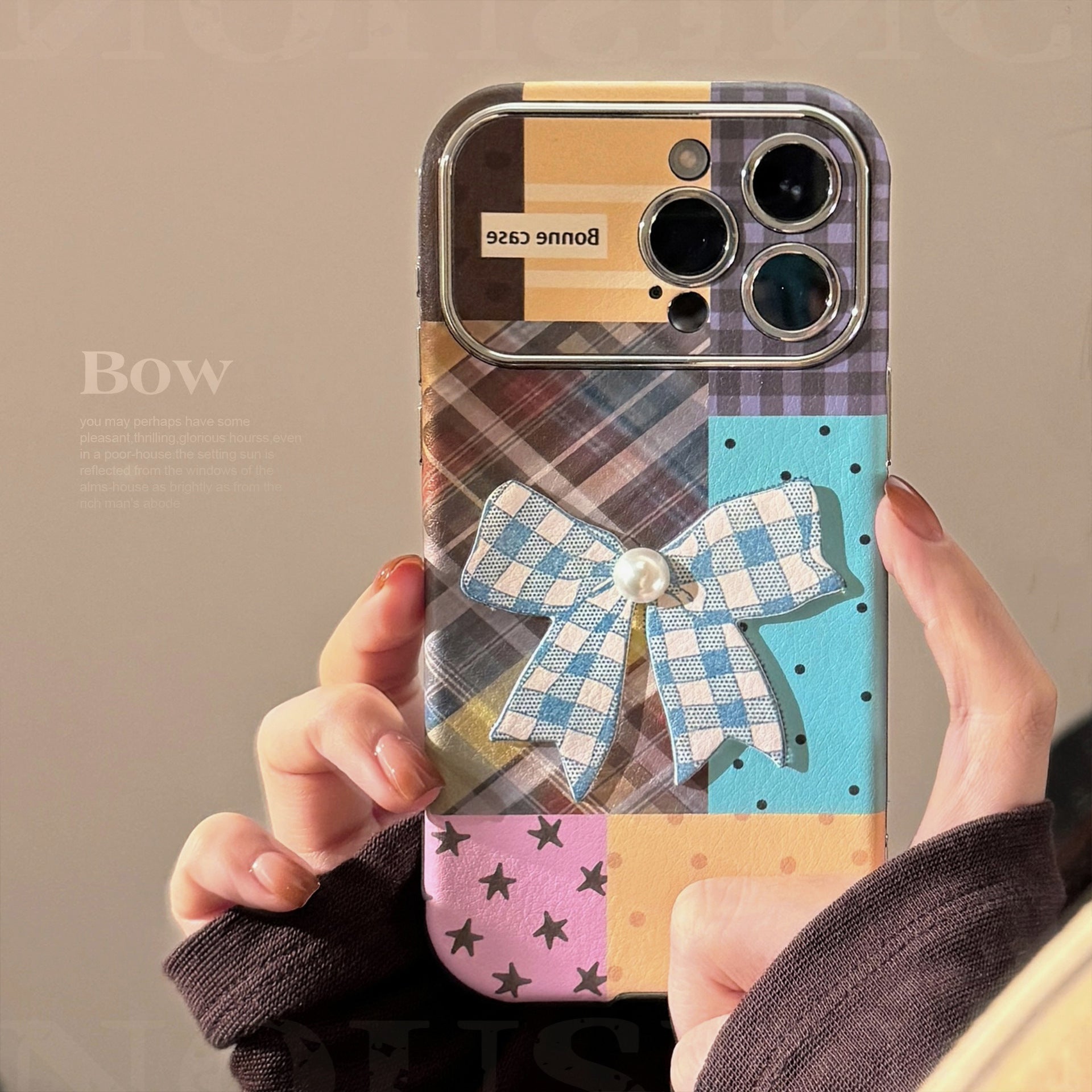 Applicable to iphone16 iPhone case 17promax color plaid splicing 15 three-dimensional bow 13 leather