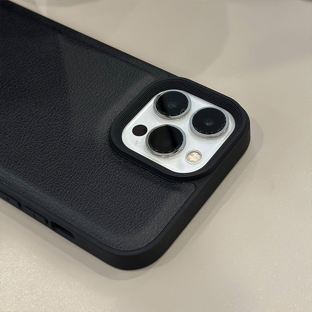 Simple black lychee pattern is suitable for Apple 16 mobile phone case iPhone17promax personality 11 leather pattern 13 advanced