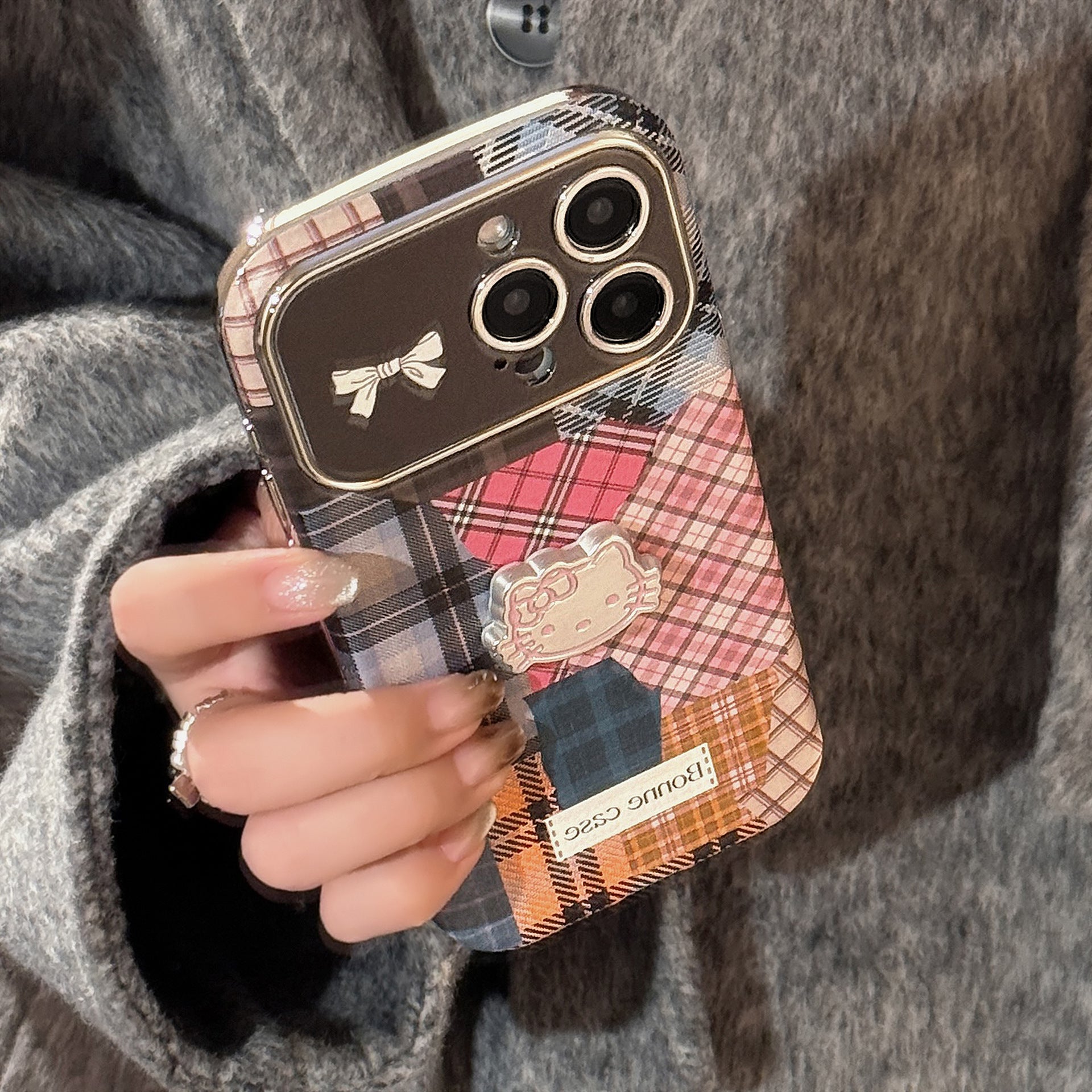 Retro plaid splicing cat 14 for 15promax mobile phone case Apple iphone16 three-dimensional 17 leather 13