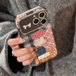 Retro plaid splicing cat 14 for 15promax mobile phone case Apple iphone16 three-dimensional 17 leather 13