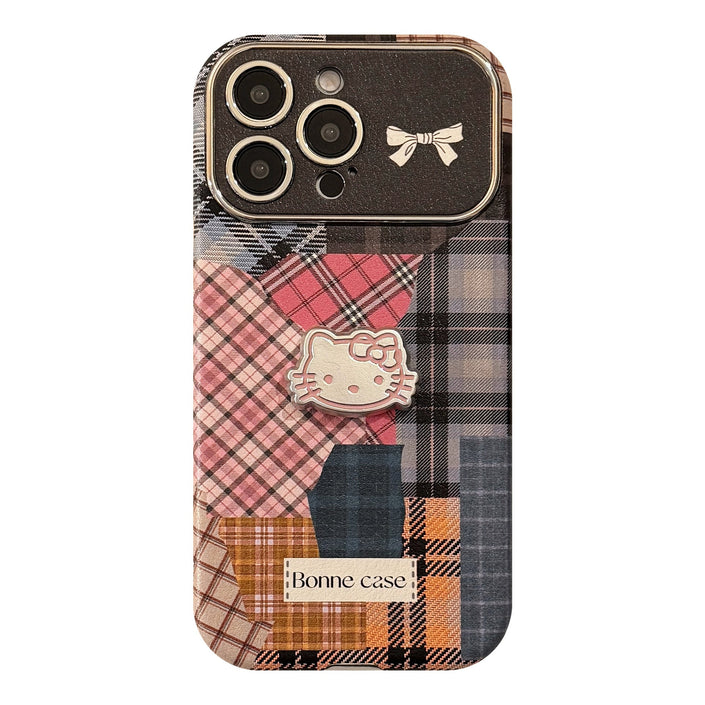 Retro plaid splicing cat 14 for 15promax mobile phone case Apple iphone16 three-dimensional 17 leather 13