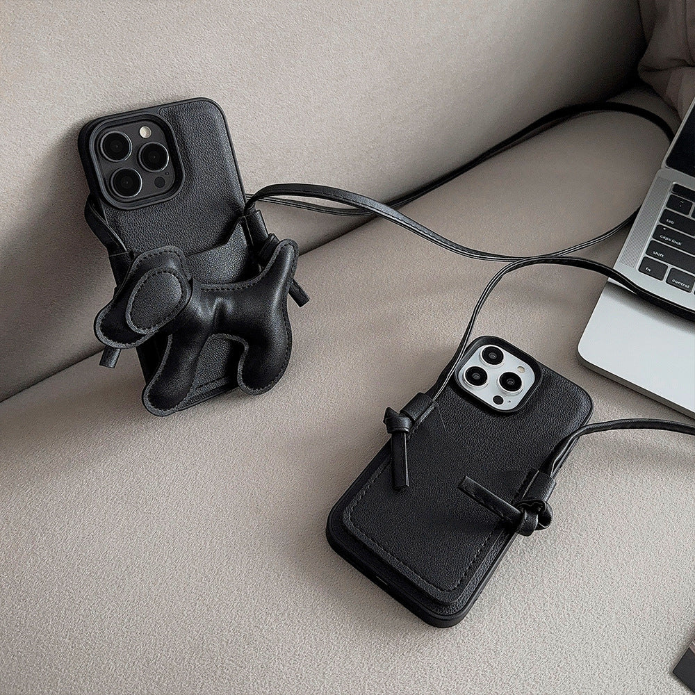 Black DIY puppy oblique span card bag for iPhone 16 mobile phone case iPhone17Pro max Internet celebrity 13 leather 15